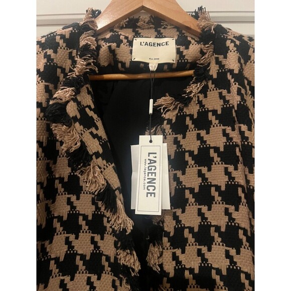 NWT L'AGENCE Angelina Houndstooth Open Front Blazer in Cappuccino Black Brown - Picture 15 of 16
